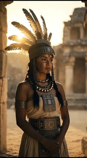 A young Aztec woman in ceremonial attire stands in an ancient temple ruin during golden hour