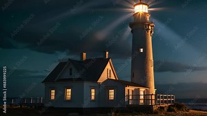 Video animation of lighthouse at night with its light beams visible against a dark sky, possibly indicating guidance or safety