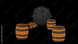 Animated Trap with Spiked Iron Ball Rolling into Beer Barrel