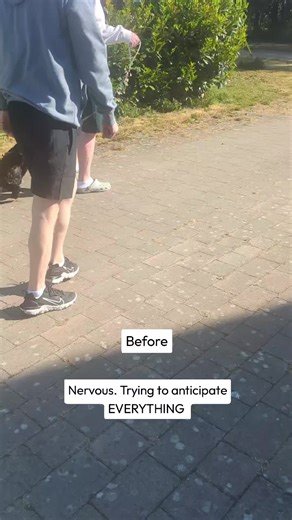 This very cute cockerpoo had learnt that if she barked like mad at stuff, her humans would inevitably feel embarrassed and walk her away from whatever it was. Because she was nervous, she did this a lot, because it got her the result she wanted (not having to confront the thing). And it had become a self-perpetuating cycle. A few tweaks and change of equipment. She's now clear that her humans have got this and she doesn't have to deal with it. She's walking calmly next to them. Looking up and ch