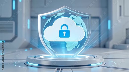 Secure enterprise cloud server with shield symbol, visualizing encrypted infrastructure, compliance security, and business continuity protection.