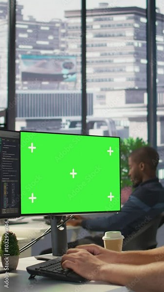 Vertical video Computer scientist using isolated screen PC to create machine learning models that can process data to automate decision making processes. IT specialist programming using chroma key