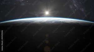 sun rising over planet earth seen from space,camera flying low over the sea surface,stars and galaxy in the background,computer generated realistic 3d cgi