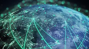 Abstract Tech Earth Globalization in 3d Motion Graphic. Concept Transmit Ai Networking on Fiber Optic. Transfer 5g Web Communications Signal on Worldwide. Global Business Dots on Rotating Blue Planet