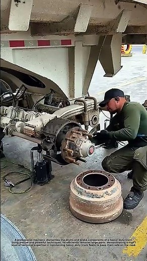 A professional mechanic dismantles the brake drums and components of a heavy-duty truck.