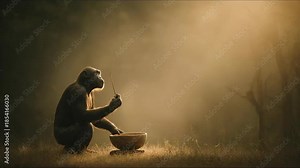 Australopithecus ape using a stick and bowl to process food for a prehistoric gathering concept.