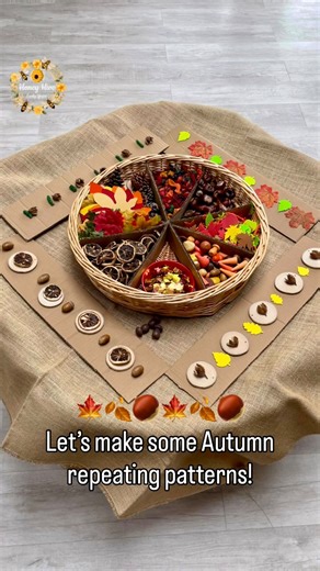 Jen 🐝 Early Years, learning through play on Instagram: "🍂Autumn loose parts repeating patterns. Can you make a 2 or 3 part repeating nature pattern? Can you continue your friend’s pattern? 🍃🍁🍃🍁🍃 Exploring loose parts and natural materials to create repeating patterns encourages early maths skills, fine motor development, and creativity. It’s a simple way for children to notice order, make predictions, and connect with nature through play. 🌿✨ Arts and crafts resources, foam leaves, sequin