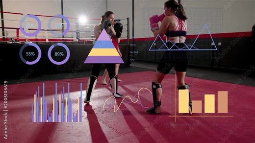 Two fighters sparring in dojo, one stepping to attack, coach watching animated graphs for training