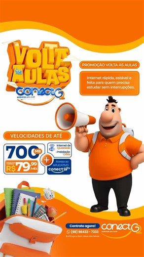 CONECTG2 on Instagram: "Com a promoção Volta às Aulas + Conectados, a Conect G2 tem um plano de internet ideal pra você . Velocidades de ate 700 Mega e mensalidades a partir de R$79,99 + acesso ao nosso aplicativo Conectja TV, você assiste videoaulas sem travar, participa de chamadas online com qualidade e envia arquivos em segundos. Internet rápida, estável e feita para quem precisa estudar sem interrupções."