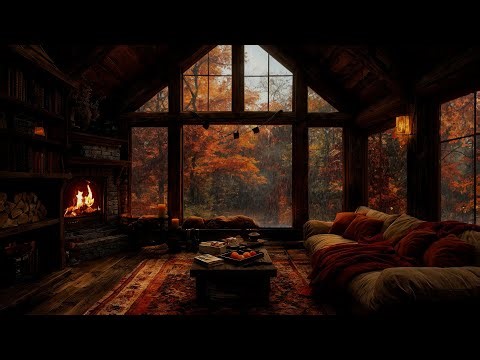 Cozy Autumn Cabin Ambience ~ Rain Sounds & Fireplace Sounds for Peaceful Sleep