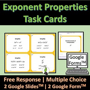 Exponent Rules and Properties Algebra 1 Task Cards for Google Forms and Slides