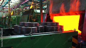 Hardening of machine parts in the furnace under high temperature. Large Steel Works. Rolled metal factory Stock Video