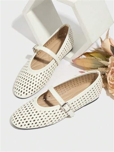 Women's Ballet Shoes, Perforated Breathable Hollow Round Toe Mary Jane Shoes, White | SHEIN
