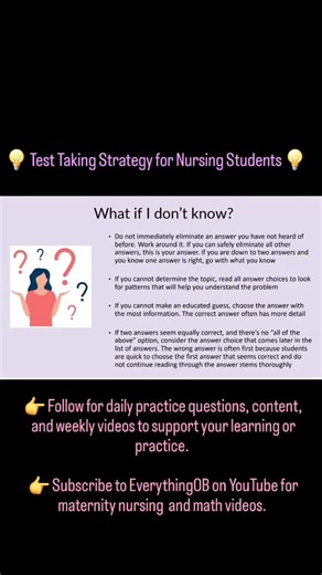 💡 Test Taking Strategy for Nursing Students 💡 👉 Follow Everything OB: Maternal Newborn Nursing for daily practice questions, content, and weekly videos to support your learning or practice. 👉 Subscribe to EverythingOB on YouTube for maternity nursing and math videos. #nursingstudent #NCLEX #nclexprep #testtakingstrategies #futurenurse #HESI #testtakingtips #collegelife #nursingschool #studentnurse | Everything OB: Maternal Newborn Nursing