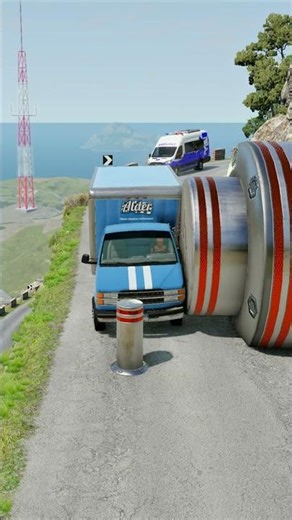 Cars & Ambulance Van vs Giant Pit Bollards Crash - BeamNG.drive