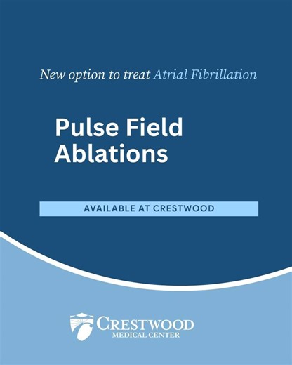 Crestwood Medical Center now has another treatment option for patients living with atrial fibrillation (AFib). 💙💙 Dr. Quinton Foster, cardiologist and electrophysiologist, performed the first pulse field ablation at Crestwood to treat a patient's irregular heartbeat. According to Dr. Foster, this technology benefits patients by precisely targeting and treating a specific treatment area. A pulse field ablation uses rapid, high-voltage electrical pulses to selectively destroy heart tissue causin