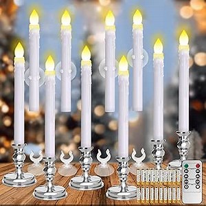 Flameless Candles 10 Pack Battery Operated Window Candles with Drip Texture,Remote Timer,10 Removable Candle Holders,10 Suction Cups,20 AAA Batteries for Home Decor Christmas Wedding (Sliver)