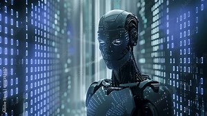 A humanoid robot stands amidst a digital binary code backdrop, symbolizing artificial intelligence and technological advancement.