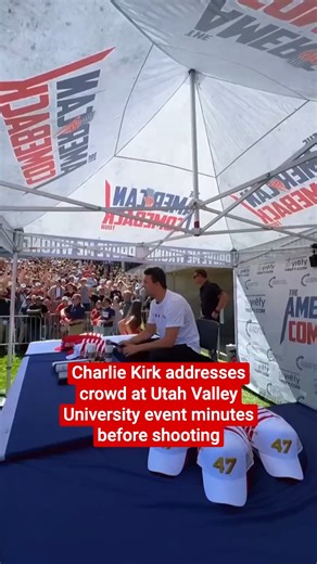 Charlie Kirk addressed the crowd at Utah Valley University event just minutes before he was shot in the neck. The right-wing activist posted footage on his TikTok account just minutes before the shooting on Wednesday (10 September). Click the link in bio for more 🔗 | The Independent