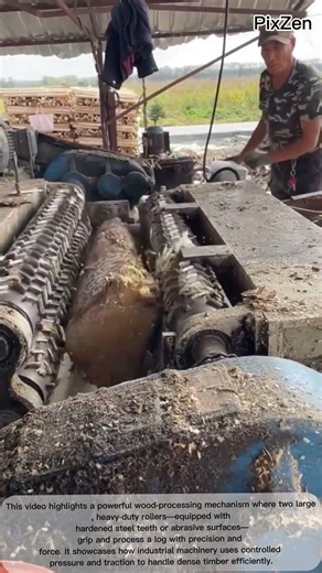 The two large, heavy-duty rollers on either side of the log are equipped with hardened steel teeth