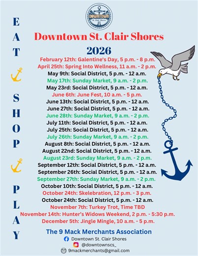 Updated Downtown SCS 2026 schedule! We’re back with live music, food trucks, shopping, markets, holiday events and more! Screenshot this and share the post with friends and family. THANK YOU to the Downtown businesses who plan all of our events. Especially Hannah at Shores Inn who organizes all Social Districts. Please do not reach out about being a vendor. We will post when the applications are ready and it’s time to apply. | Downtown St. Clair Shores
