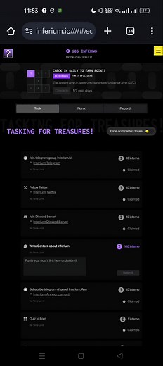Inferium - Guide on How to complete tasks "Run 10 Models to Earn" GO TO THE MODEL LAB TAP 1. FILTER TYPE OF MODELS 2. CLICK DATA TYPE 3. CLICK TEXT 4 CLICK THE MODELS ON THE RIGHT HAND SIDE 5. CLICK THE FIRST MODEL 6. TYPE ANY KEYWORD EXAMPLE "EARTH" AND CLICK SUBMIT 7. WAIT FOR THE BAR TO FILL, YOUR RESULT WOULD COME OUT 8. GO TO THE NEXT MODEL, AND REPEAT THE SAME STEP 9. MOST MODELS WOULD REQUIRE YOU UPLOAD AN IMAGE, JUST UPLOAD ANYTHING 10. AFTER DOING THIS FOR 10 DIFFERNT TYPES OF MODELS, G