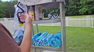 Sunjoy Rust-proof Aluminum Pool Float Storage Rack, 35-Inch Outdoor Wicker Poolside Float Organizer, Caddy for Cushions, Floaties, Noodles, Pool Toys, Navy