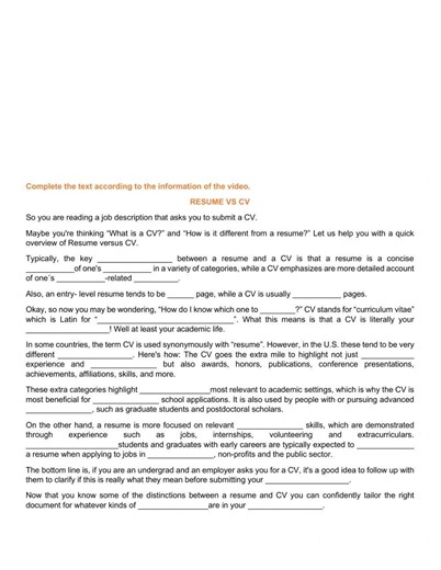 Resume vs cv worksheet