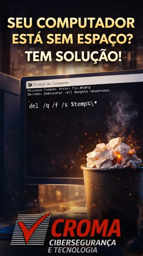 Croma Cibersegurança e Tecnologia on Instagram: "💻⚡ SEU COMPUTADOR ESTÁ SEM ESPAÇO? TEM SOLUÇÃO SIM ⚡💻 Antes de sair apagando fotos, vídeos ou até pensando em formatar o computador, saiba que existe um jeito simples, rápido e seguro de liberar espaço usando uma função nativa do Windows. 🔎 Pesquise por CMD, clique com o botão direito e escolha Executar como Administrador. Quando o Prompt de Comando abrir, digite exatamente assim: del /q /f /s %temp%* Depois, é só apertar Enter. 🧹 Pronto. Com