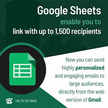 Google Sheets are now seamlessly integrated with Mail Merge in Gmail! Personalize your emails and easily link your Google Sheet with up to 1,500 recipients. Reach and engage large audiences effortlessly! #googlesheets #largeaudiences #mailmerge Let’s Talk: 94 70 327 8846 Visit us: https://fcpl.biz/ | Finetech Consultancy