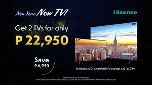 3.4K views · 90 reactions | Start the New Year, with 2 New TVs! Purchase a 50" Smart UHD TV and get a 32" LED for only P22,950! Visit https://bit.ly/30vv7ID for the list of participating stores. | Hisense | Facebook