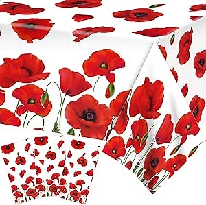 Adirasenotek 3 PCs Red Poppy Flowers Tablecloths Decorative Table Cover Spring Floral Tablecloth Plastic Tablecloths for Holiday Table Birthday Wedding Picnic Party Supplies,87x54In