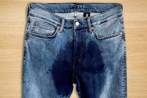 Jeans with dyed patch across front make wearer look like they've wet themselves