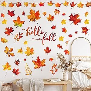 Whaline 9 Sheets Fall Wall Decor Stickers Hello Fall Maple Leaves Wall Decals Small Room Mural Stickers for Autumn Thanksgiving Holidays Home Classroom Birthday Party Decoration, 8.3 x 10.6 Inch