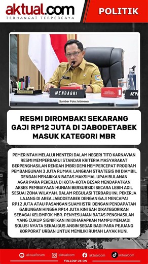 Resmi Dirombak! Sekarang Gaji Rp12 Juta di Jabodetabek Masuk Kategori MBR