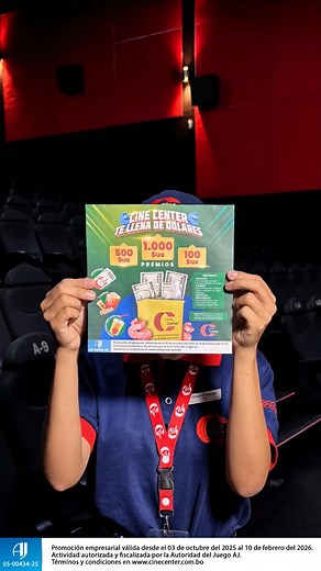 ✨ ¡Atención fans de Cine Center! 🍿 Aquí no solo disfrutas las mejores pelis… ¡también puedes ganar dólares! 💵🔥 Participa por $us 1.000, $us 500 y $us 100 mientras vivís el mejor cine, con las mejores pipocas del país y el ambiente que tanto te gusta. Así sumas tus cupones: 🎟️ Cada entrada = 1 cupón 🍿 Cada combo = 1 cupón 🥤 Combo con Coca-Cola Zero Azúcar = ¡1 cupón extra! Válido para todas nuestras sucursales. Acumula cupones hasta el 1 de febrero | Sorteo 5 de febrero Esta actividad es au