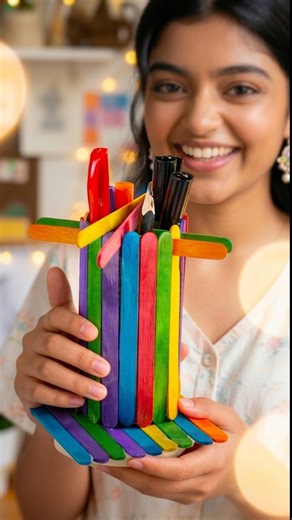 DIY Pen Holder with Ice Cream Sticks 🖊️ | Popsicle Stick Pen Holder 🧡 | Easy Craft Idea for Kids