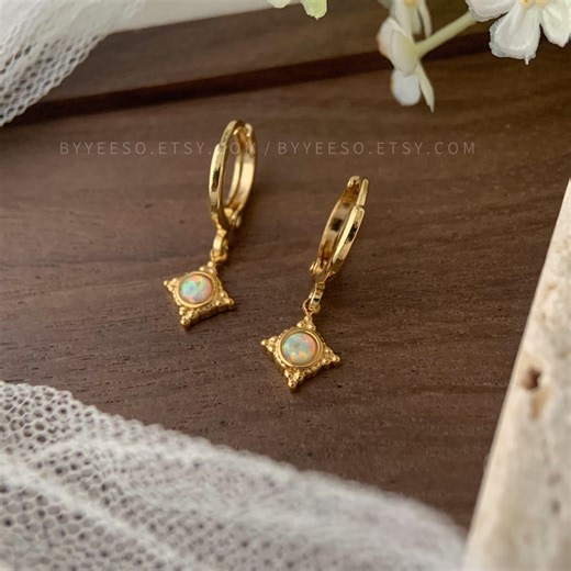 Opal Starburst Huggie Earrings: Celestial Hoops - Etsy