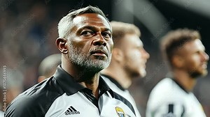 Referee Blowing Whistle with Determined Players on Field