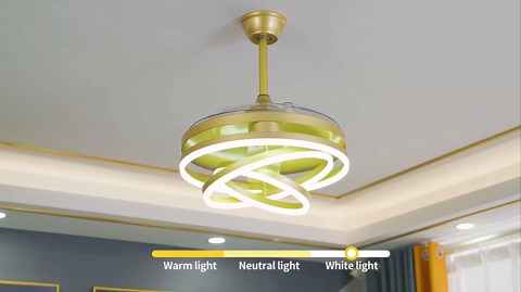 Retractable Ceiling Fan, 42 Inch Chandelier Ceiling Fans with Light, Modern Fandelier Ceiling Fan for Bedroom Living Room Dinning Room, Reverse Motor, 3 Color, 6 Wind Speed, Gold