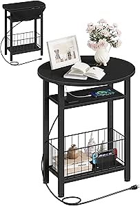 Side Table with Charging Station, Folding Side Table with Storage, 3-Tier Narrow End Table with Folding Top, Small Side Table for Small Spaces, for Living Room, Bedroom, Black TBZ10UBB