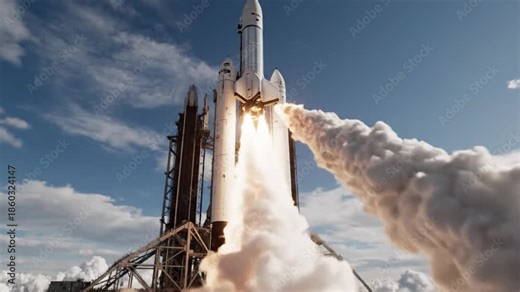 A powerful multi-stage space rocket ignites its main engines, launching vertically from its ground support structure amidst a magnificent display of fire and smoke. Massive plumes of exhaust billow ou