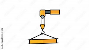 Animated crane lifting a rectangular yellow object. Suitable for construction, industry, heavy lifting, machinery, and engineering concepts in designs