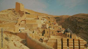 View on Greek Orthodox monastery Great Lavra (monastery) of St. Sabbas the Sanctified (Mar Saba) in Judean desert. Palestine, cca. 2015