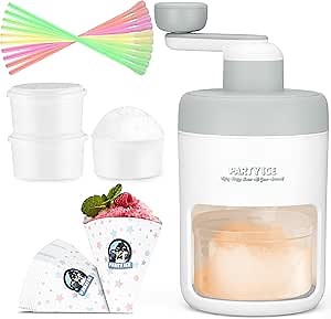 Party Ice Manual Shaved Ice Maker Machine, Ice Shaver Machine, Snow Cone Maker Machine, Portable Ice Crusher, 10 Cups 10 Spoon Straws & Recipes Included (Gray)