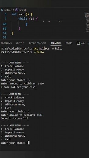 ATM Machine Program in C 💳 | Menu Driven Program #codin#atm #sho#vid