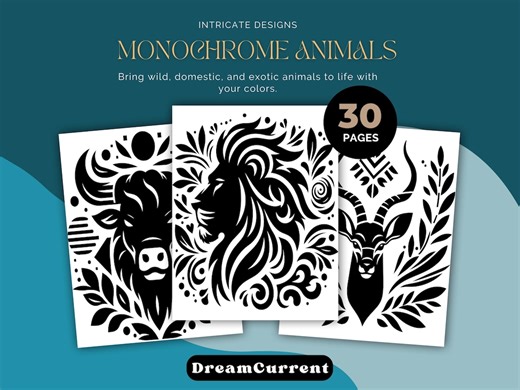 Adult Animal Coloring Pages – 30 Intricate Designs (60 Pages), Guided & Final Versions, Monochrome Pattern Animals, Digital PDF - Etsy UK
