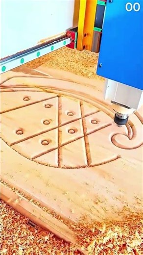 CNC machine engraves circle, triangles form precise wooden pattern