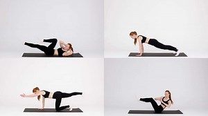 A fit individual performs a variety of exercises focusing on core strength, flexibility, and endurance. The training session showcases a blend of movements designed for an effective workout.