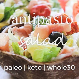 Try this easy antipasto salad for a quick weeknight dinner. Start to finish it takes just a few minutes—including the simple homemade Italian dressing! Do you know someone who'd love this quick, no-cook recipe? Find the full recipe here 👉 https://cookeatpaleo.com/antipasto-salad/ | Cook Eat Well